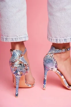 Clearance Sandały Na Szpilce Z Wężowym Wzorem Lu Boo Niebieskie Damskie Sandały Na Obcasie
