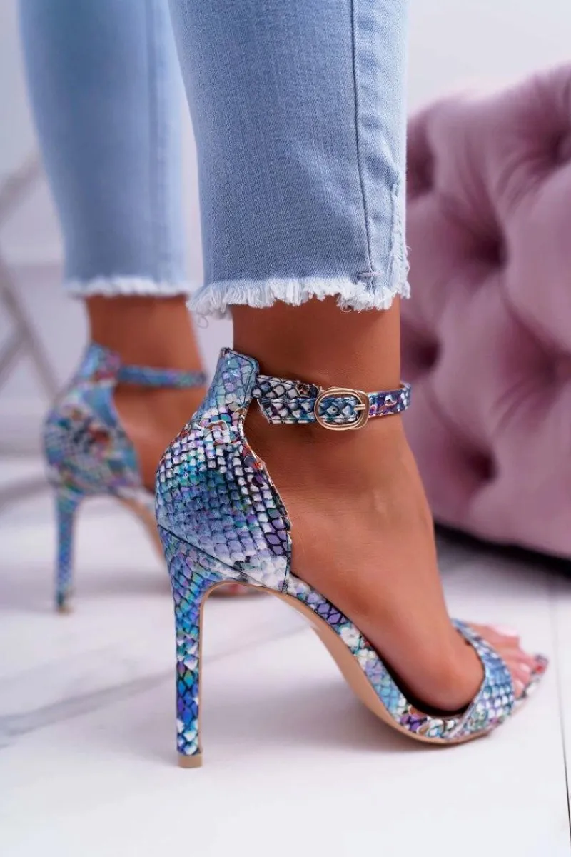 Clearance Sandały Na Szpilce Z Wężowym Wzorem Lu Boo Niebieskie Damskie Sandały Na Obcasie