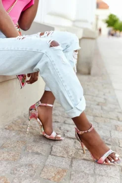 Hot Boto Sandały Na Szpilce Z Wężowym Wzorem Lu Boo Różowe