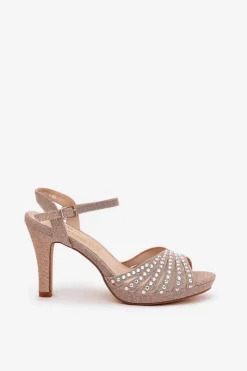 Discount Sandały Na Szpilce Ze Zdobieniem I Brokatem MR1038-33 Szampańskie Damskie Sandały Na Obcasie