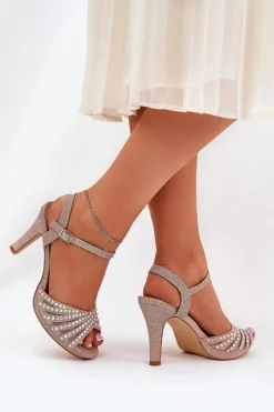 Discount Sandały Na Szpilce Ze Zdobieniem I Brokatem MR1038-33 Szampańskie Damskie Sandały Na Obcasie