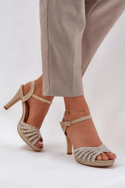 Best D&A Sandały Na Szpilce Ze Zdobieniem I Brokatem MR1038-33 Złote Złoty