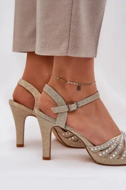 Best D&A Sandały Na Szpilce Ze Zdobieniem I Brokatem MR1038-33 Złote Złoty