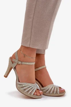 Best D&A Sandały Na Szpilce Ze Zdobieniem I Brokatem MR1038-33 Złote Złoty