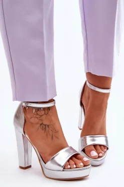 Discount Sandały Na Wysokim Obcasie Srebrne Mandy Damskie Sandały Na Obcasie