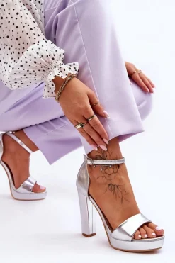 Discount Sandały Na Wysokim Obcasie Srebrne Mandy Damskie Sandały Na Obcasie
