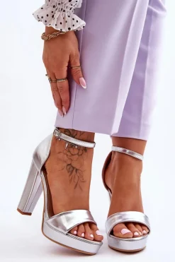 Discount Sandały Na Wysokim Obcasie Srebrne Mandy Damskie Sandały Na Obcasie
