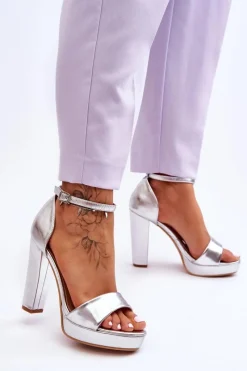 Discount Sandały Na Wysokim Obcasie Srebrne Mandy Damskie Sandały Na Obcasie