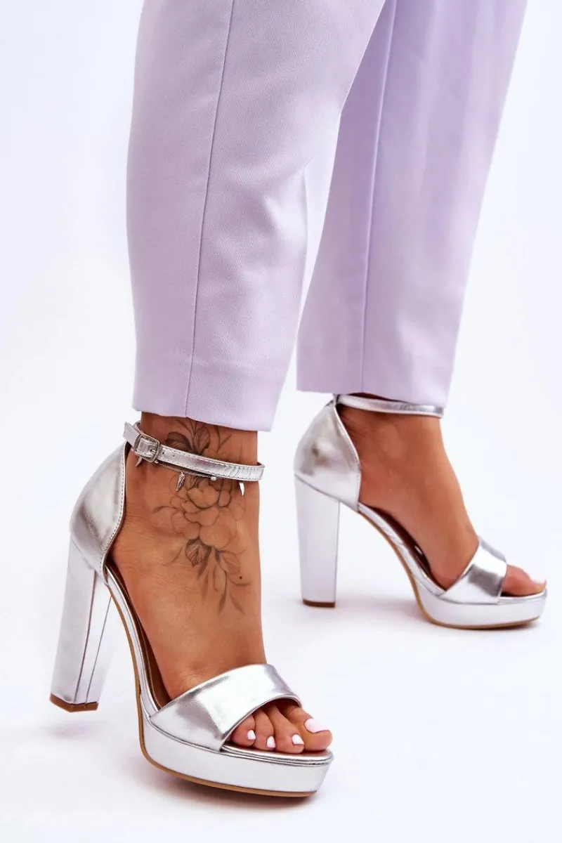 Discount Sandały Na Wysokim Obcasie Srebrne Mandy Damskie Sandały Na Obcasie