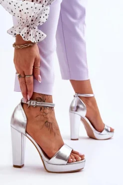Discount Sandały Na Wysokim Obcasie Srebrne Mandy Damskie Sandały Na Obcasie