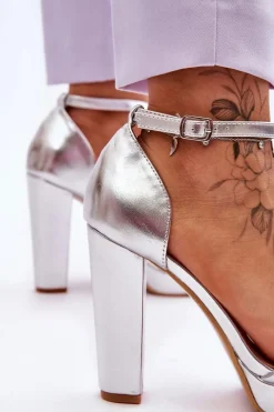 Discount Sandały Na Wysokim Obcasie Srebrne Mandy Damskie Sandały Na Obcasie