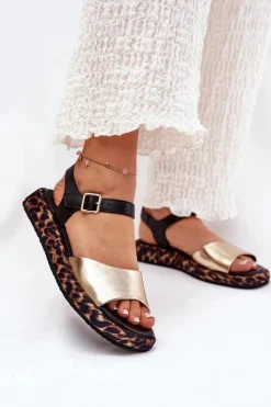 New Damskie buty S.Barski Sandały Skórzane Damskie Na Platformie Z Panterką S.Barski JC51-347 Złote