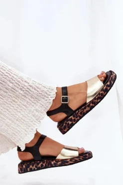 New Damskie buty S.Barski Sandały Skórzane Damskie Na Platformie Z Panterką S.Barski JC51-347 Złote