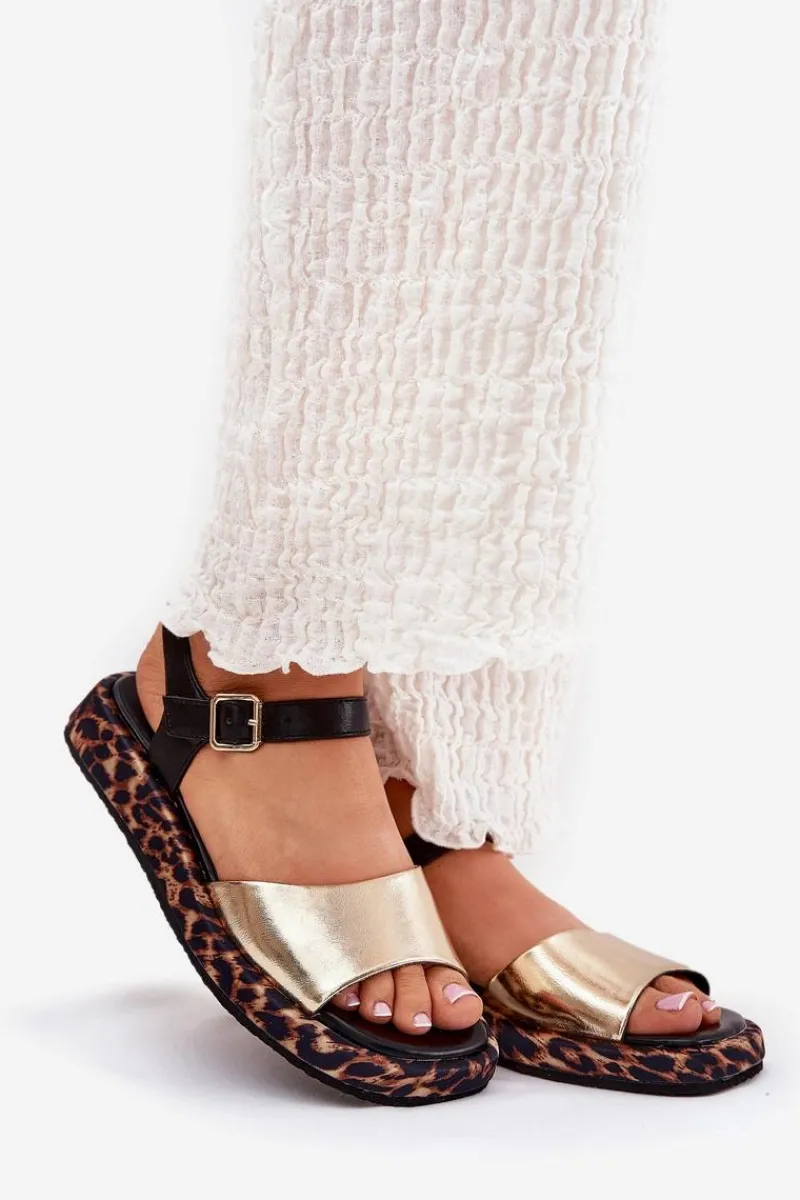 New Damskie buty S.Barski Sandały Skórzane Damskie Na Platformie Z Panterką S.Barski JC51-347 Złote