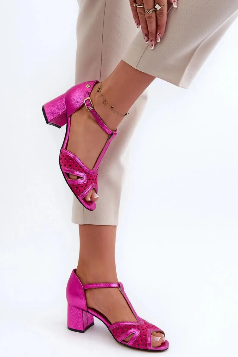 Clearance Sandały Skórzane Damskie Na Obcasie 06551-15 Fuksja Damskie Sandały Na Obcasie