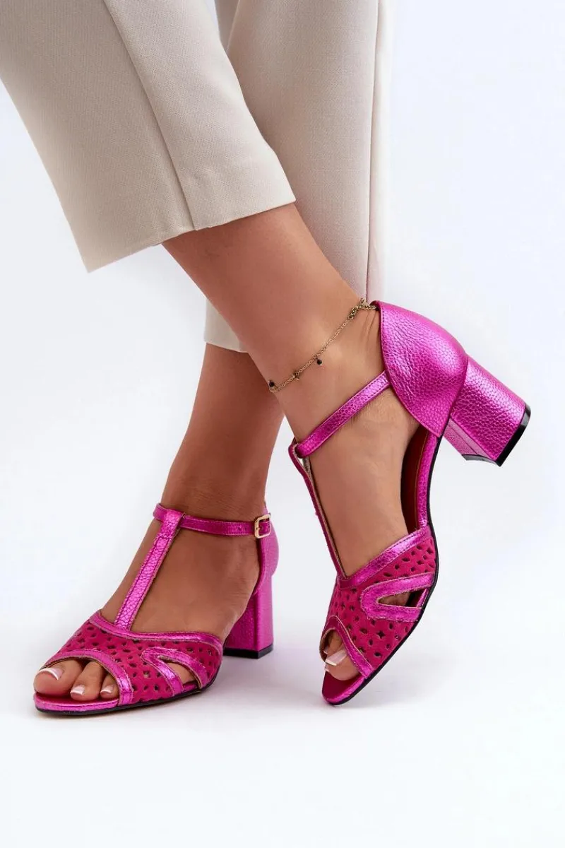 Clearance Sandały Skórzane Damskie Na Obcasie 06551-15 Fuksja Damskie Sandały Na Obcasie