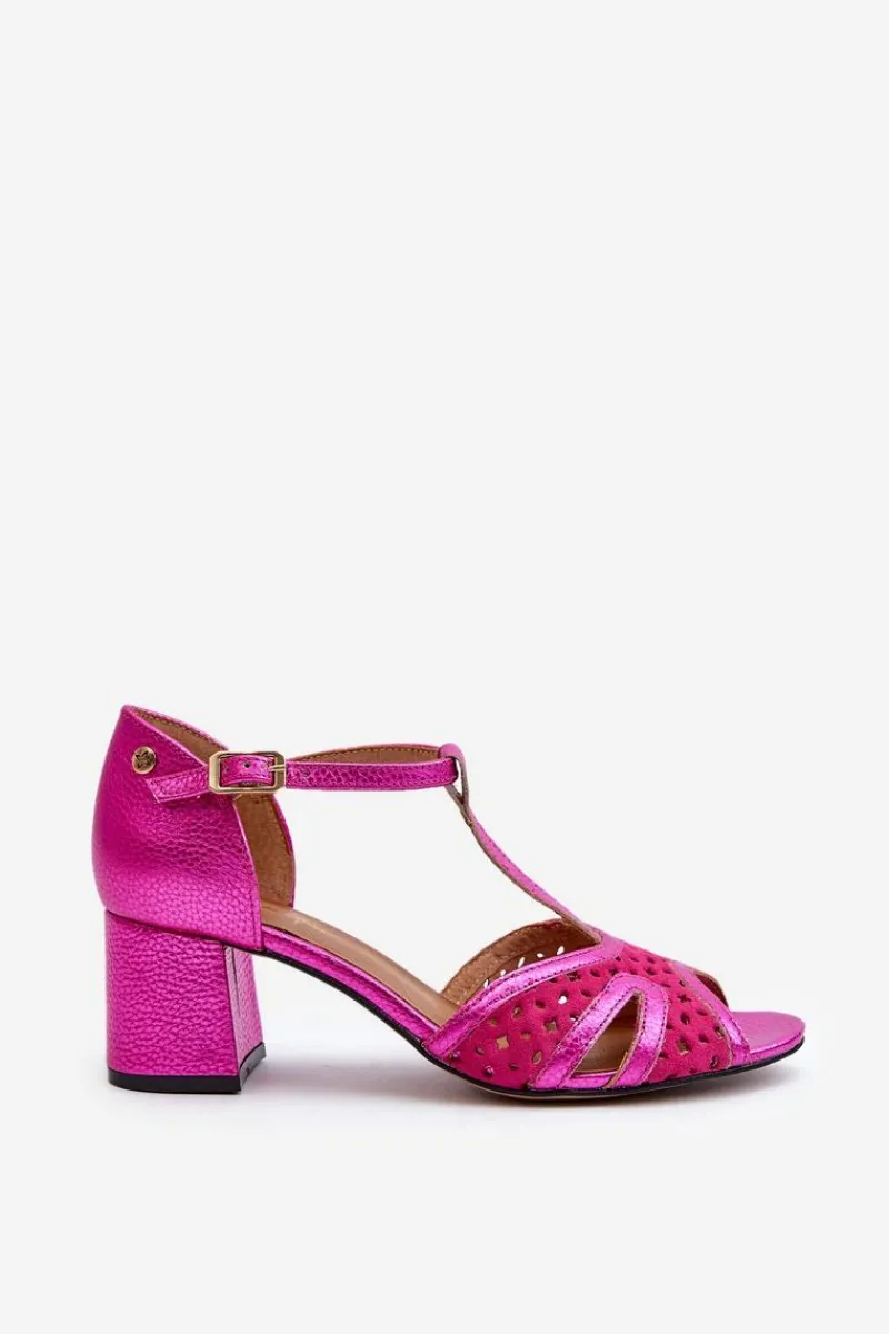 Clearance Sandały Skórzane Damskie Na Obcasie 06551-15 Fuksja Damskie Sandały Na Obcasie