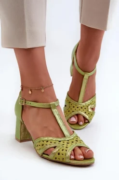Best Maciejka Sandały Skórzane Damskie Na Obcasie 06551-09 Limonkowe Zielony