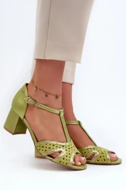 Best Maciejka Sandały Skórzane Damskie Na Obcasie 06551-09 Limonkowe Zielony