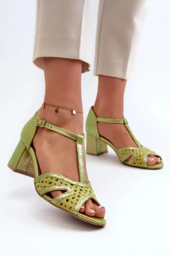 Best Maciejka Sandały Skórzane Damskie Na Obcasie 06551-09 Limonkowe Zielony
