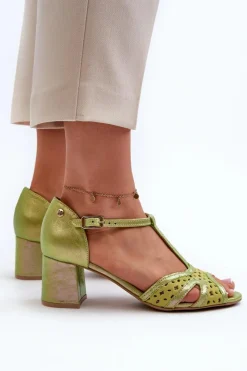 Best Maciejka Sandały Skórzane Damskie Na Obcasie 06551-09 Limonkowe Zielony
