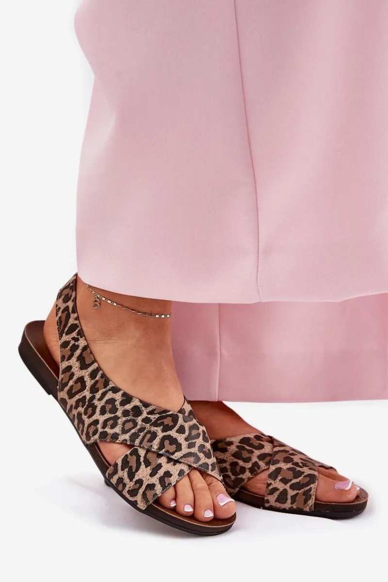 Sandały Płaskie>Zazoo Sandały Skórzane Damskie Panterka Brązowe 40407 Brązowy