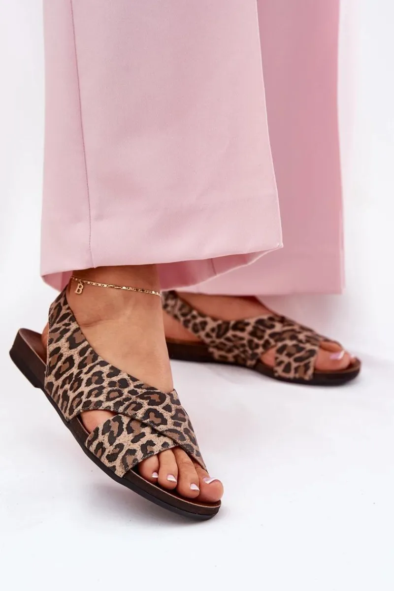 Sandały Płaskie>Zazoo Sandały Skórzane Damskie Panterka Brązowe 40407 Brązowy