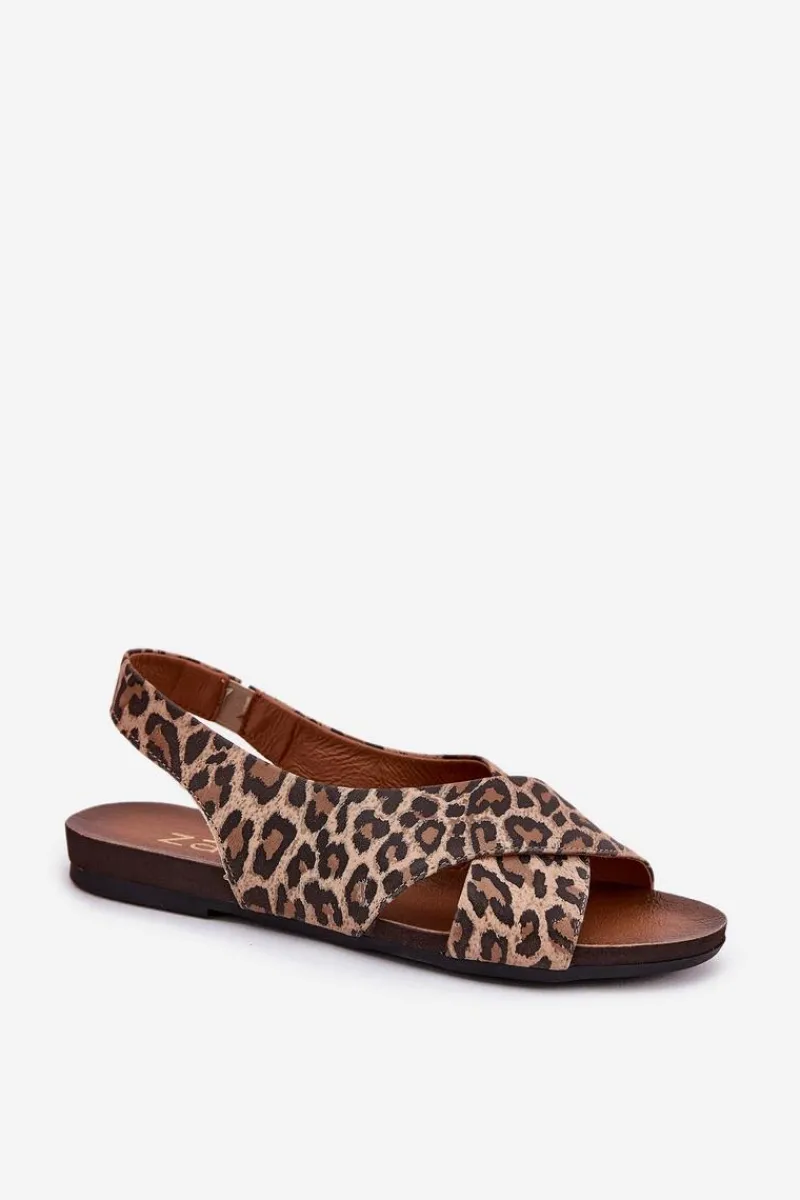 Sandały Płaskie>Zazoo Sandały Skórzane Damskie Panterka Brązowe 40407 Brązowy