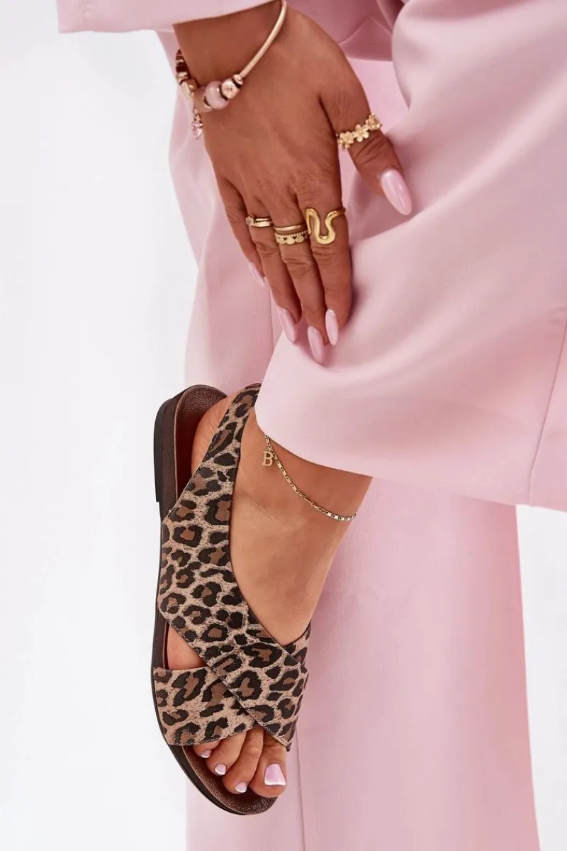 Sandały Płaskie>Zazoo Sandały Skórzane Damskie Panterka Brązowe 40407 Brązowy