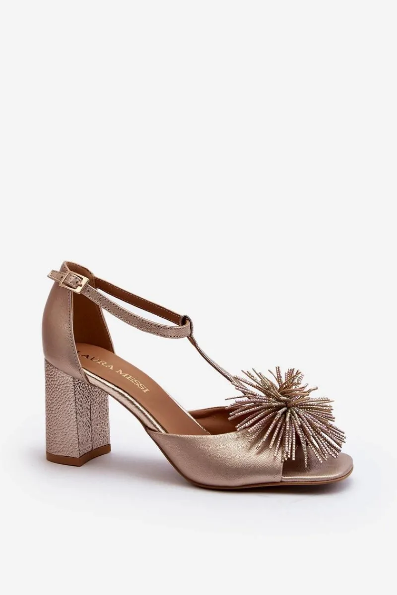 Discount Laura Messi Sandały Skórzane Na Słupku Z Ozdobą 2758 Złote