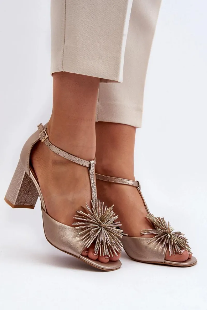 Discount Laura Messi Sandały Skórzane Na Słupku Z Ozdobą 2758 Złote