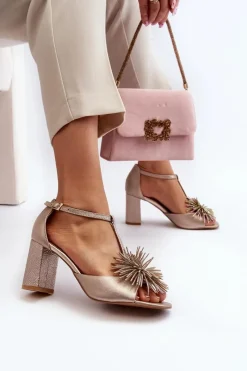 Discount Laura Messi Sandały Skórzane Na Słupku Z Ozdobą 2758 Złote