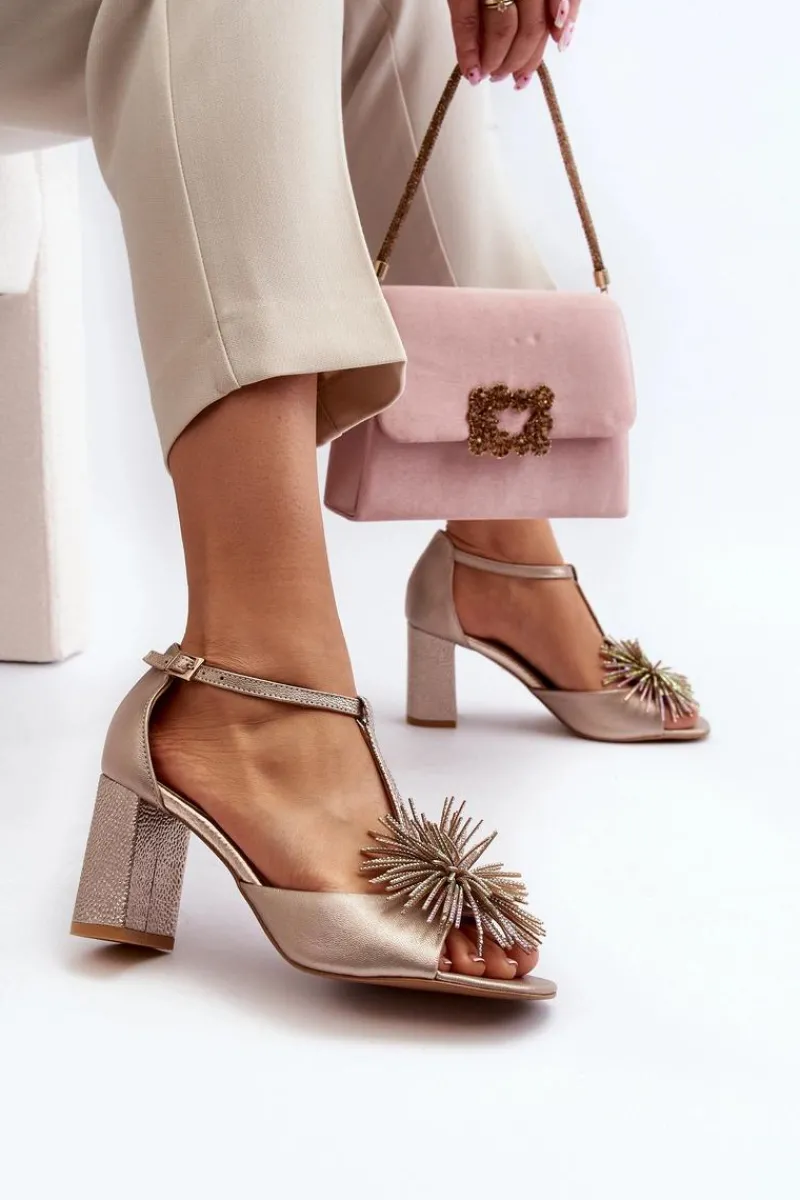 Discount Laura Messi Sandały Skórzane Na Słupku Z Ozdobą 2758 Złote