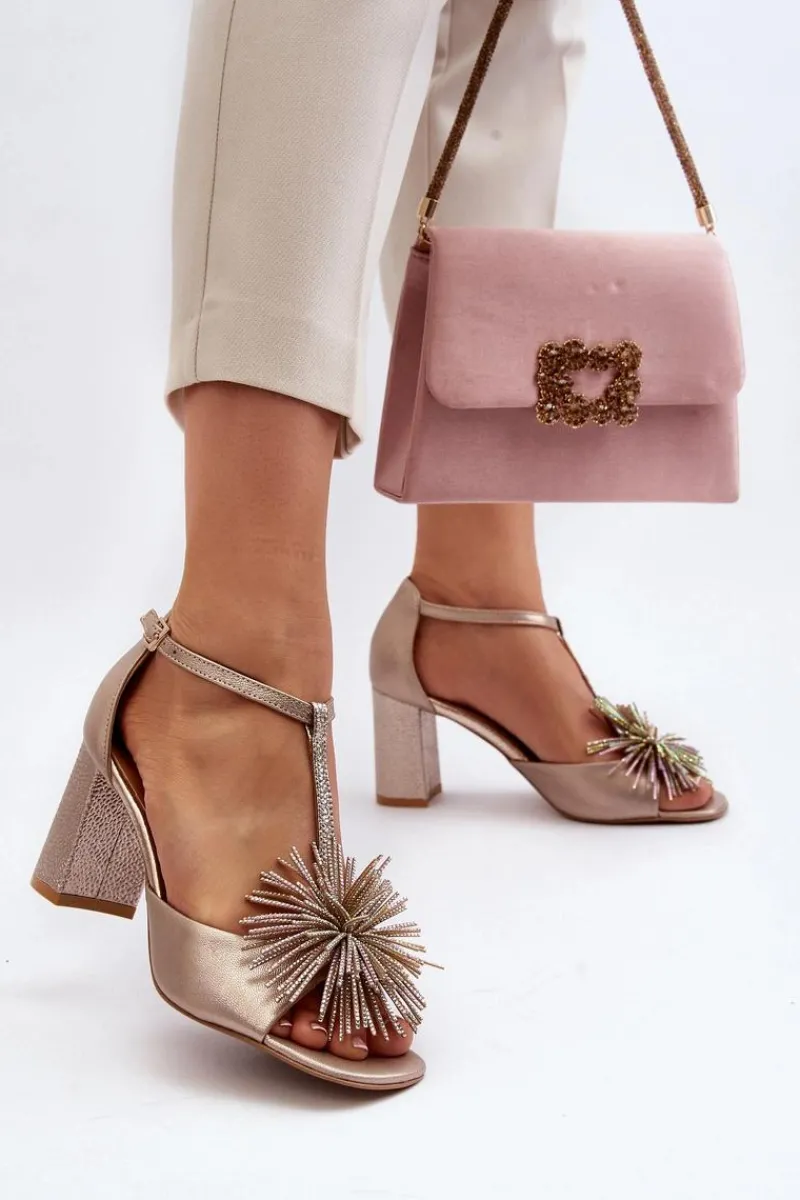 Discount Laura Messi Sandały Skórzane Na Słupku Z Ozdobą 2758 Złote