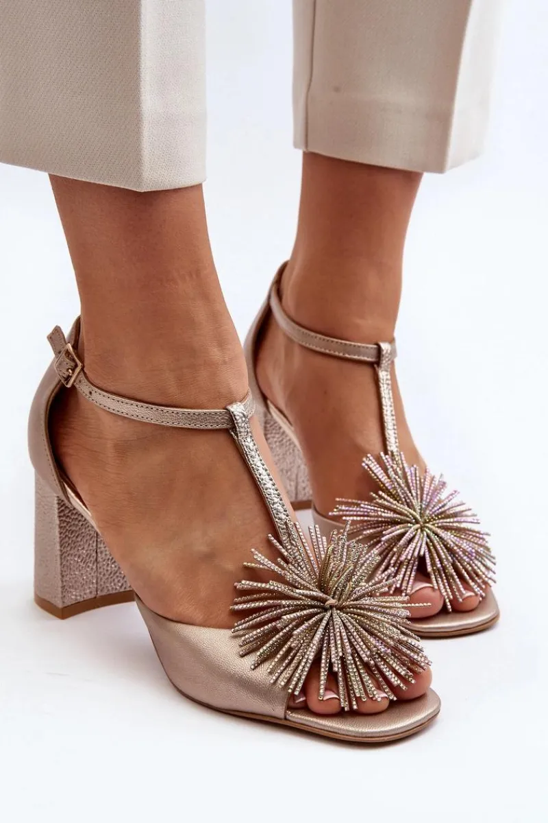 Discount Laura Messi Sandały Skórzane Na Słupku Z Ozdobą 2758 Złote