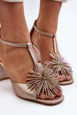 Discount Laura Messi Sandały Skórzane Na Słupku Z Ozdobą 2758 Złote