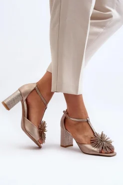 Discount Laura Messi Sandały Skórzane Na Słupku Z Ozdobą 2758 Złote