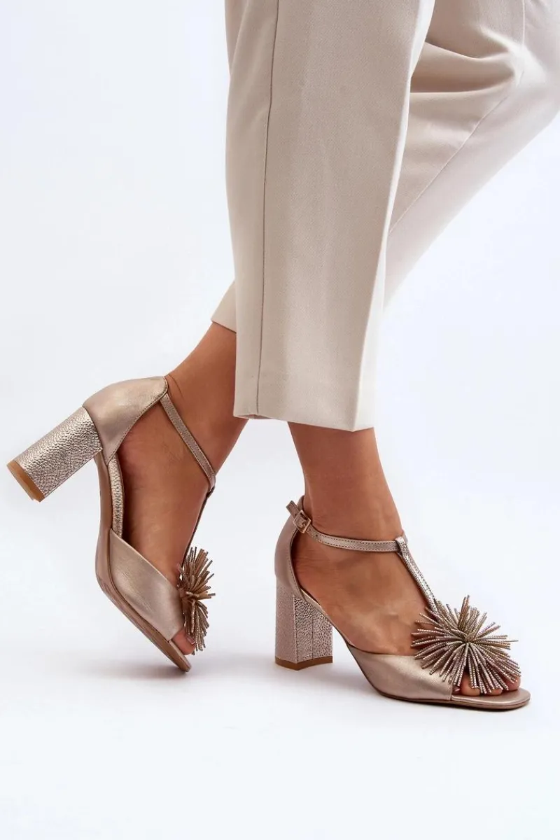 Discount Laura Messi Sandały Skórzane Na Słupku Z Ozdobą 2758 Złote