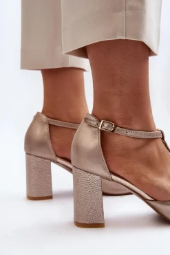 Discount Laura Messi Sandały Skórzane Na Słupku Z Ozdobą 2758 Złote