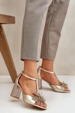 Sandały Na Słupku|Sandały Na Obcasie>Laura Messi Sandały Skórzane Na Słupku Z Ozdobą 2758 Złote Złoty