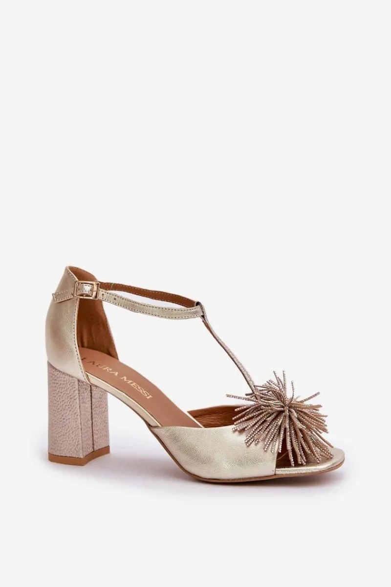 Sandały Na Słupku|Sandały Na Obcasie>Laura Messi Sandały Skórzane Na Słupku Z Ozdobą 2758 Złote Złoty