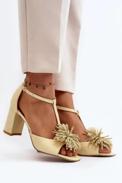 Sandały Na Słupku|Sandały Na Obcasie>Laura Messi Sandały Skórzane Na Słupku Z Ozdobą 2758 Beżowe Beżowy
