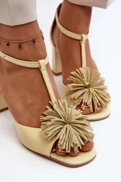 Sandały Na Słupku|Sandały Na Obcasie></noscript>Laura Messi Sandały Skórzane Na Słupku Z Ozdobą 2758 Beżowe Beżowy