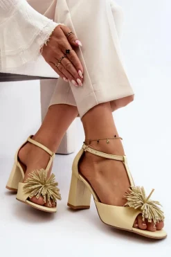 Sandały Na Słupku|Sandały Na Obcasie></noscript>Laura Messi Sandały Skórzane Na Słupku Z Ozdobą 2758 Beżowe Beżowy