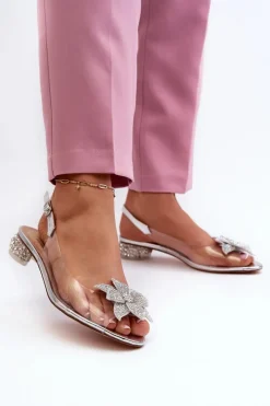 Sandały Transparentne Na Niskim Obcasie Z Ozdobą Srebrne D&A MR38-383 Damskie Sandały Na Obcasie