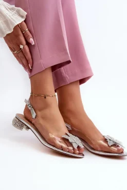 Sandały Transparentne Na Niskim Obcasie Z Ozdobą Srebrne D&A MR38-383 Damskie Sandały Na Obcasie