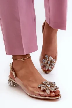 Sale Sandały Transparentne Na Niskim Obcasie Z Ozdobą Złote D&A MR38-383 Damskie Sandały Na Obcasie