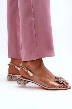 Sale Sandały Transparentne Na Niskim Obcasie Z Ozdobą Złote D&A MR38-383 Damskie Sandały Na Obcasie