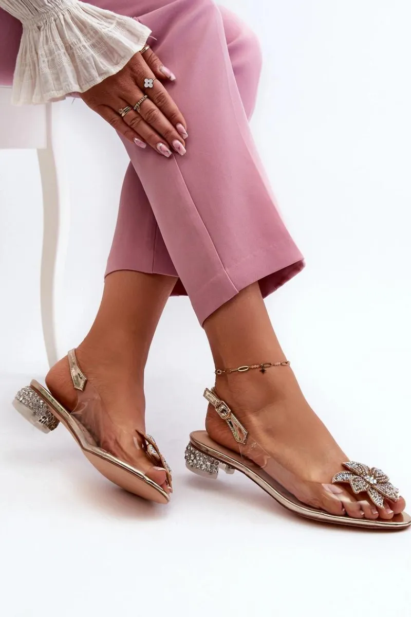 Sale Sandały Transparentne Na Niskim Obcasie Z Ozdobą Złote D&A MR38-383 Damskie Sandały Na Obcasie