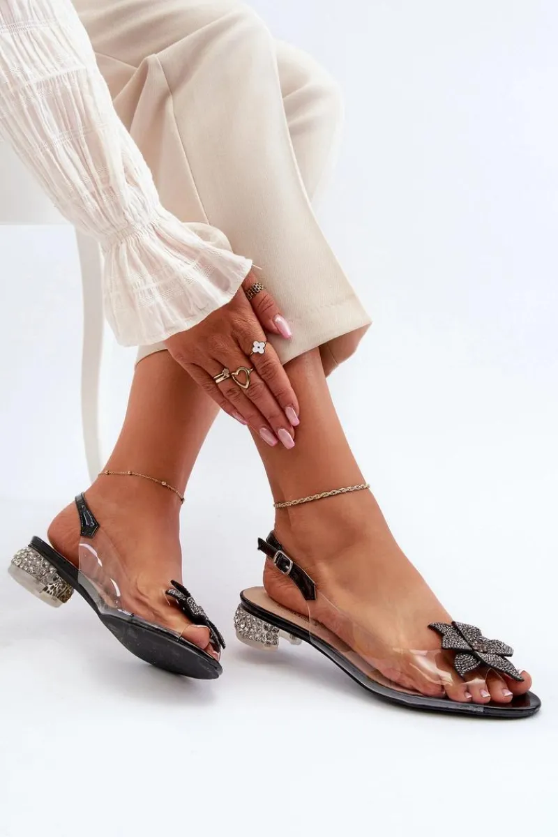 Sandały Na Obcasie>Damskie buty S.Barski Sandały Transparentne Na Niskim Obcasie Z Ozdobą Czarne D&A MR38-383